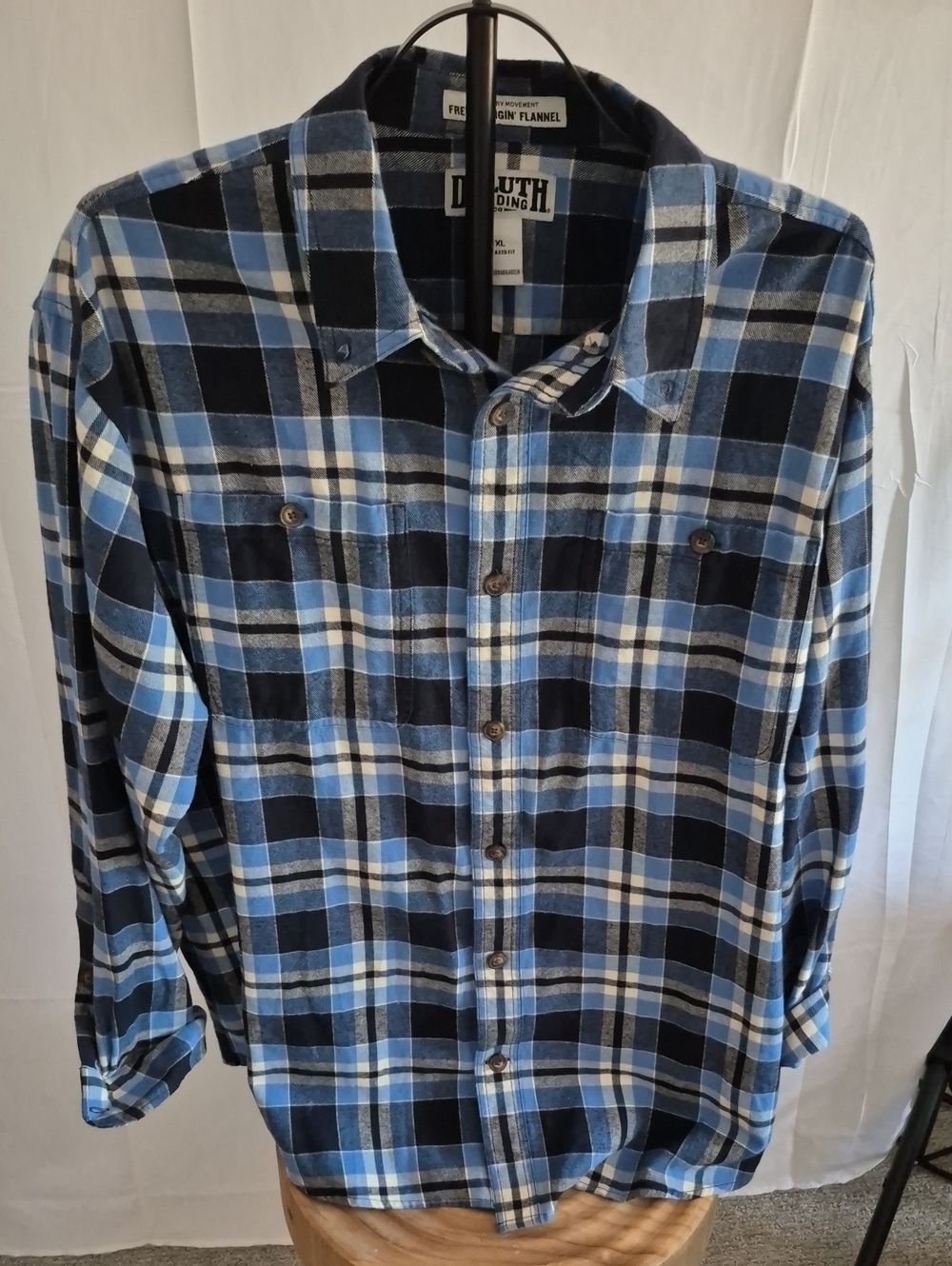 Duluth Trading Co Blue and Black Plaid Button-Down Shirt